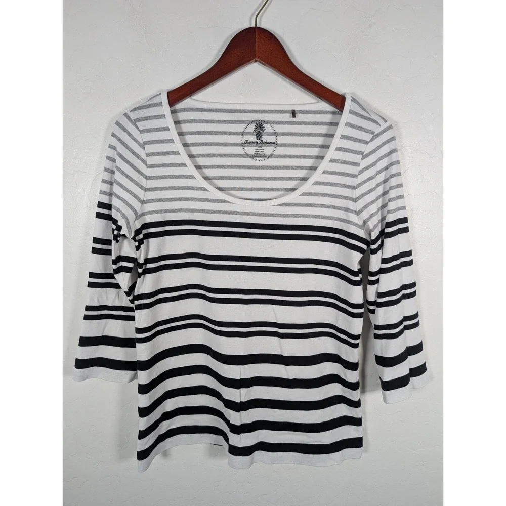 Tommy Bahama Top Women's Large Black White Striped‎ 3/4 Sleeve Casual Stretch
